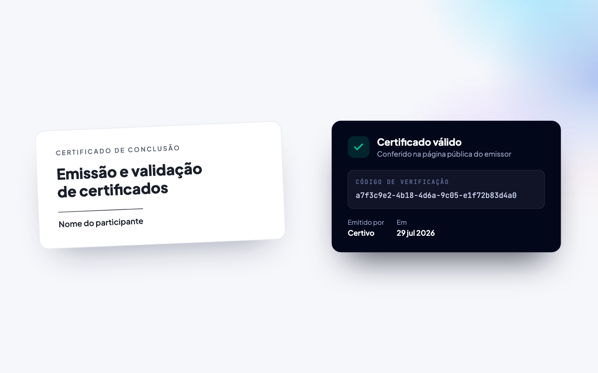 Certificado ao lado de um painel escuro de validação com o selo Certificado válido e o código de verificação