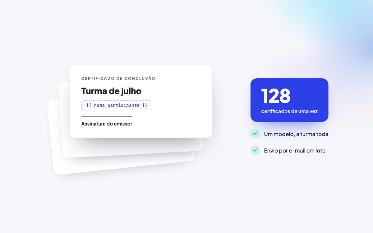 Pilha de certificados de uma turma com o campo dinâmico nome_participante e o contador de 128 certificados de uma vez