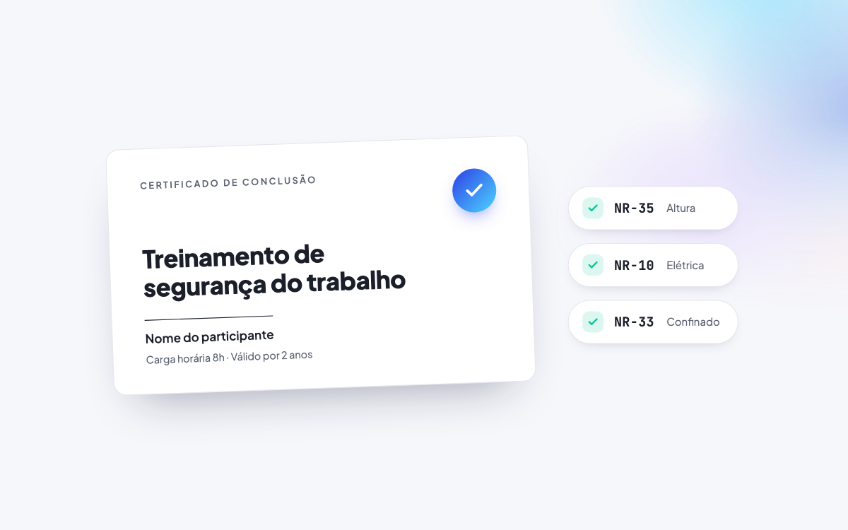Certificado de conclusão de treinamento de segurança do trabalho ao lado dos selos NR-35, NR-10 e NR-33
